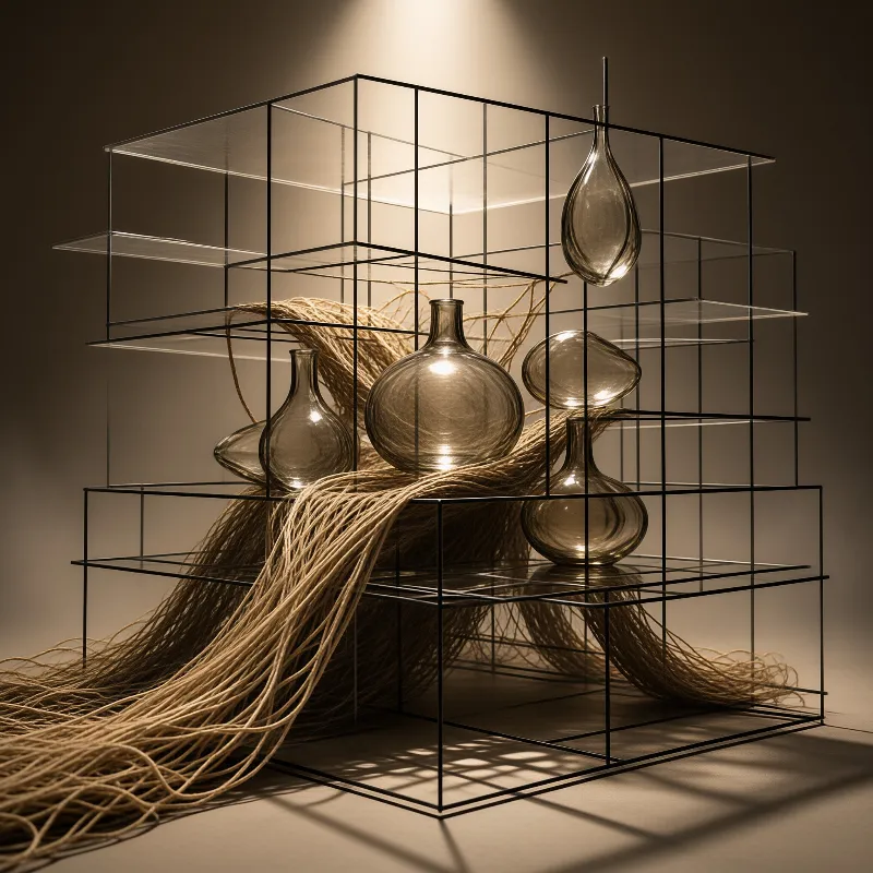 Glass vases rest on clear shelves in a wire frame while dried raffia spills across the surface under warm light.