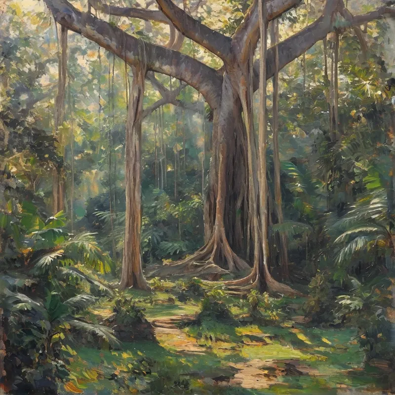 A massive tree with buttress roots stands in a lush jungle where sunlight filters through dense leaves above.