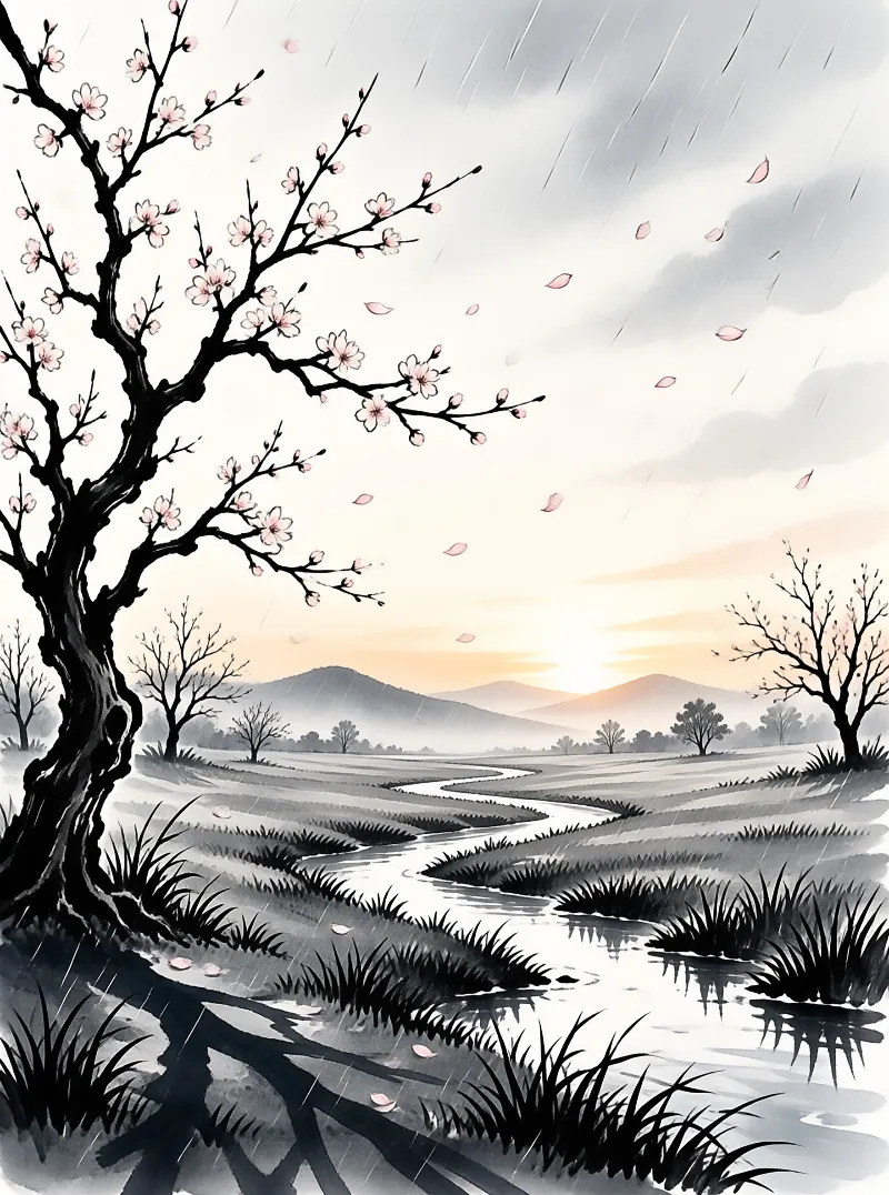 A large blooming tree stands beside a stream in a rainy landscape with falling petals and misty mountains behind.