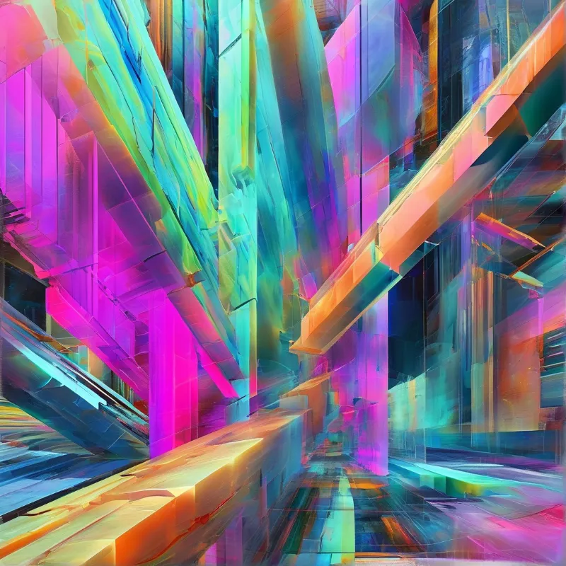 Angular crystalline forms glow with bright pink blue orange and green translucent light in a layered abstract space