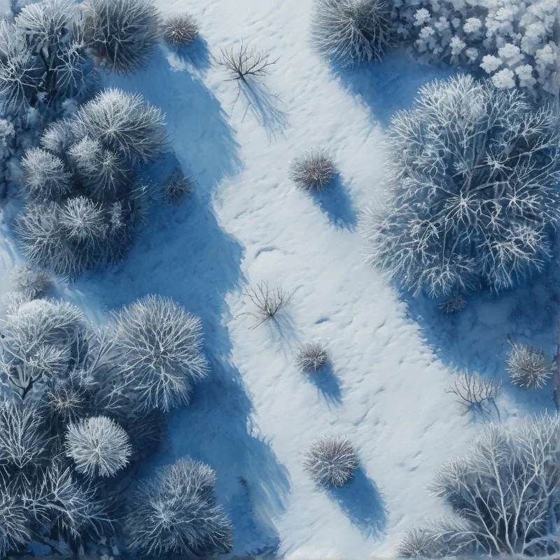 Aerial view of a snow covered path winding through frosty trees illuminated by cool blue light.