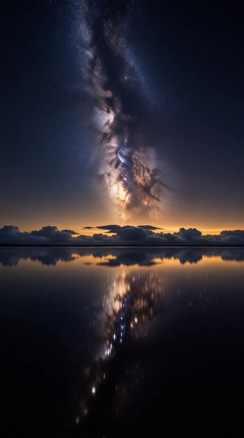 Still lake water mirrors the vertical Milky Way above, with warm orange horizon glow behind low dark clouds, creating perfectly symmetrical composition.