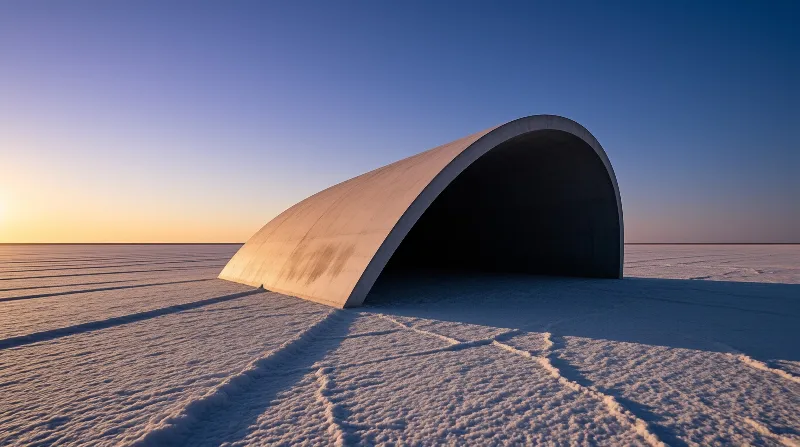 A curved concrete shell rests on a wide white plain while golden light strikes its left side under a clear blue sky.