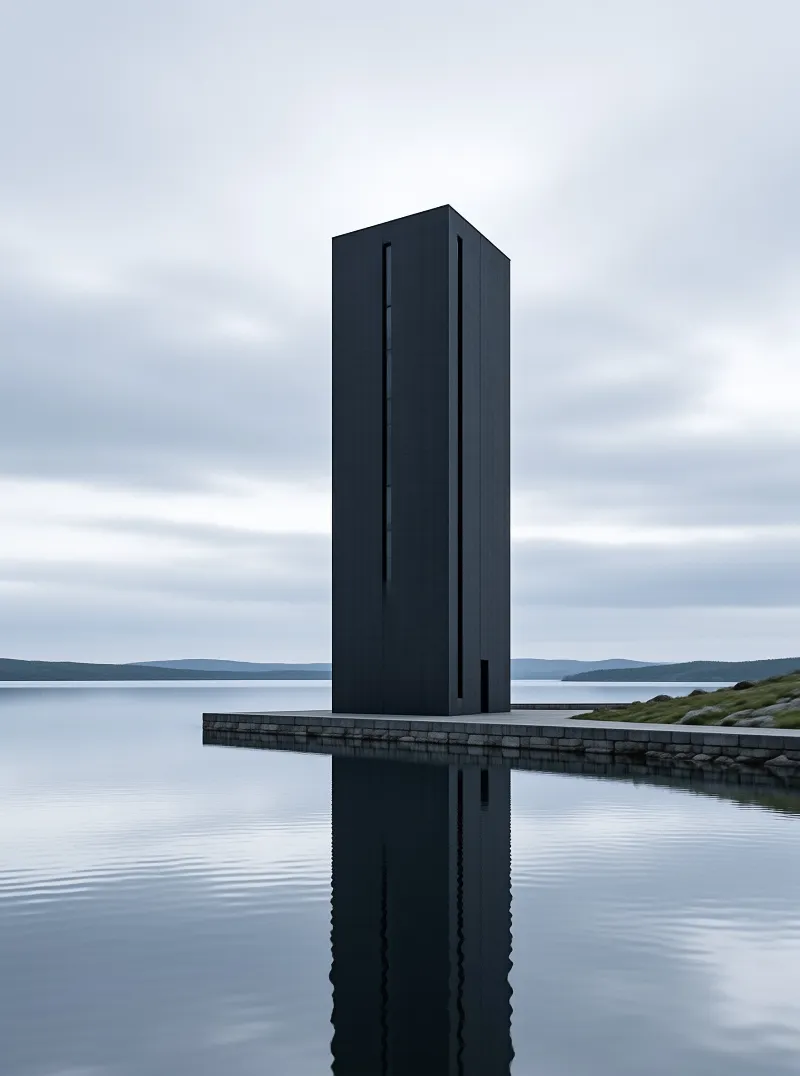 A tall dark rectangular building stands on a stone platform extending into calm water with distant hills under a cloudy sky.