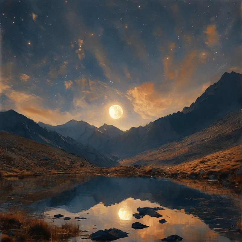 A bright full moon hangs between jagged mountain peaks, casting a golden reflection across a dark lake under a starry sky.