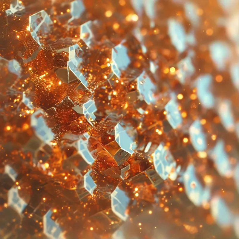 Translucent amber crystal shards catching warm golden light with blurred glowing spots in the background.