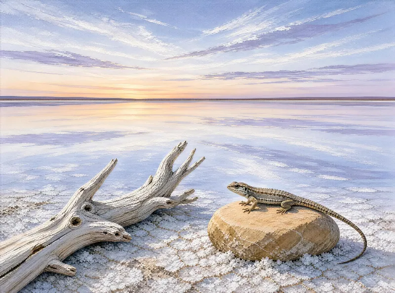 A small lizard perched on a smooth stone beside a weathered driftwood branch on a vast salt flat during dawn, with soft pastel hues in the sky and calm water reflecting the light