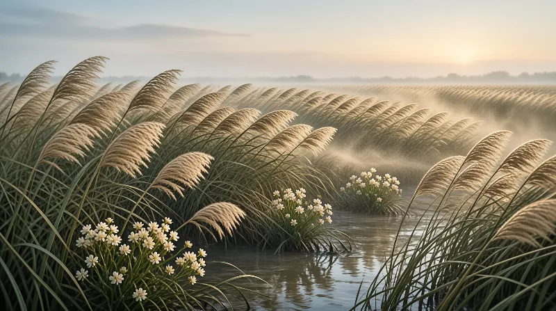 Feathery pampas plumes lean across a foggy marsh at dawn with clusters of white flowers.