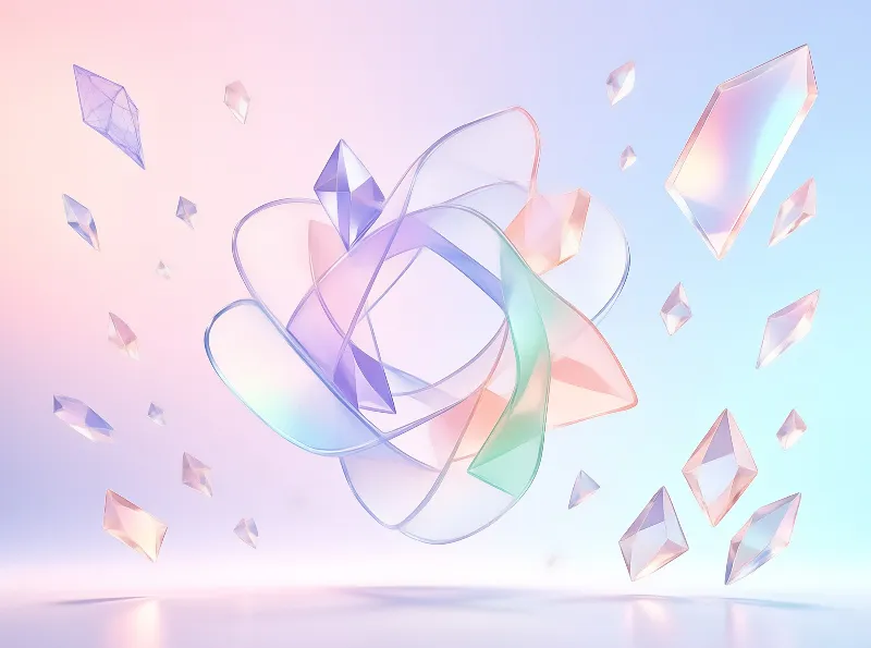 Translucent geometric shapes and sharp crystals drift through a soft pink and blue gradient atmosphere.