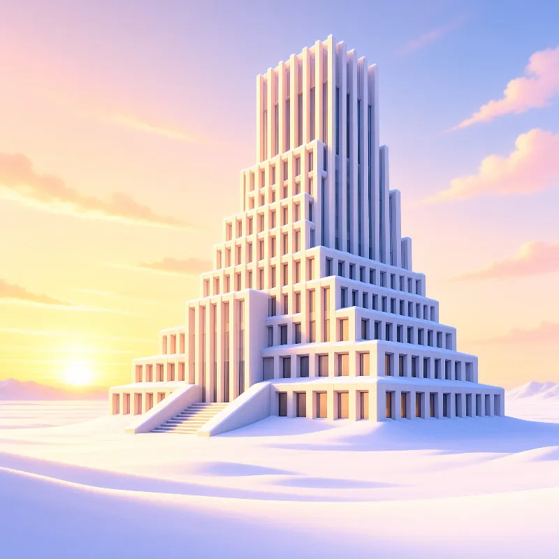 A tiered white architectural structure rises from a snowy plain while bathed in the warm glow of a setting sun.