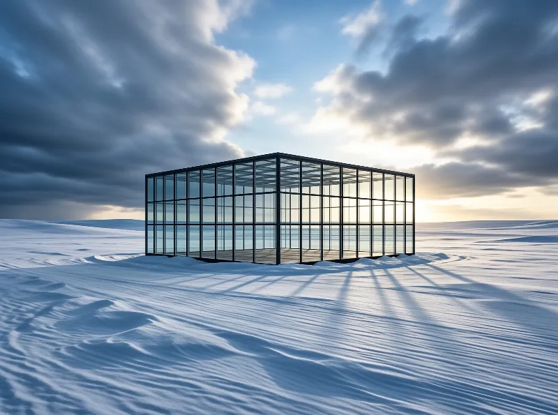 A glass cube with a black frame stands alone on a snowy plain as low sun casts long shadows across rippled snow.
