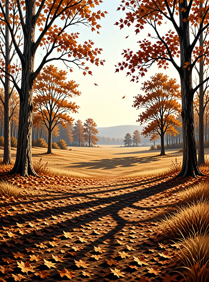Orange leafed trees line a shadowed path stretching across a vast golden field during sunset.