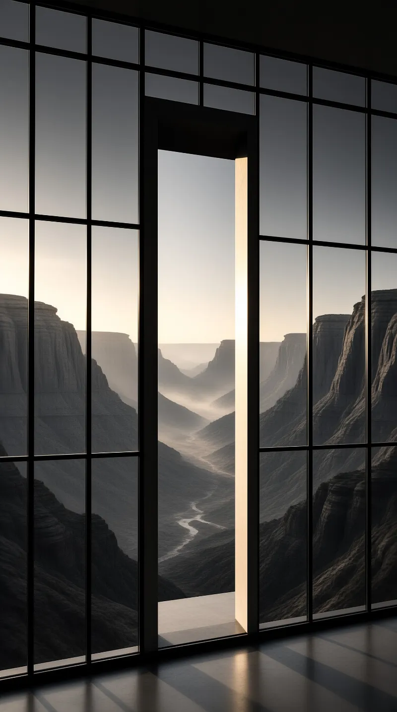 A dark room looks through a grid window at a misty canyon landscape featuring a winding river.