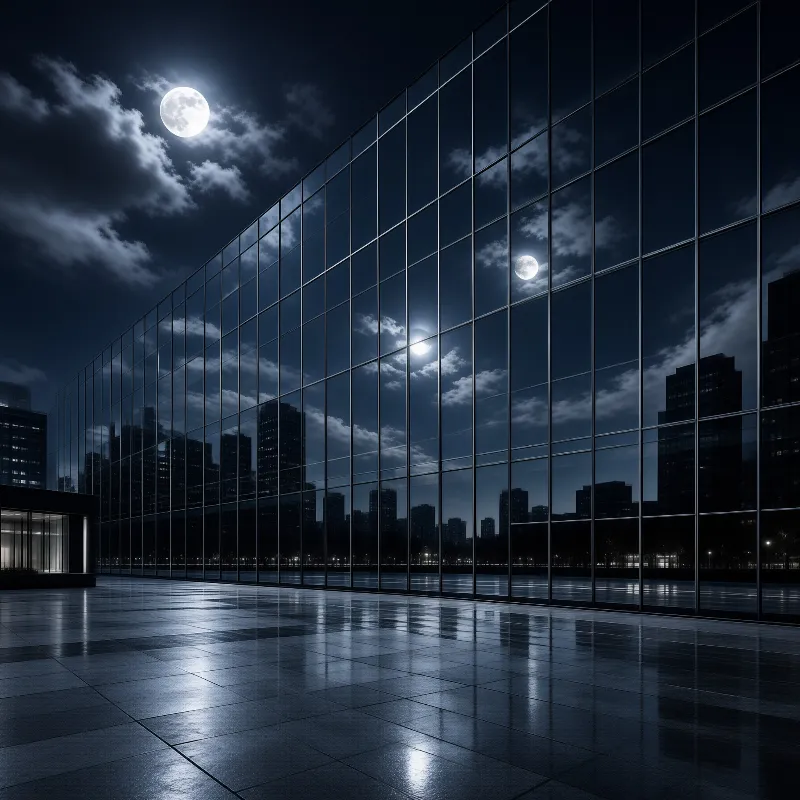 A modern glass structure reflects the moon and clouds over a wet tiled plaza at night.