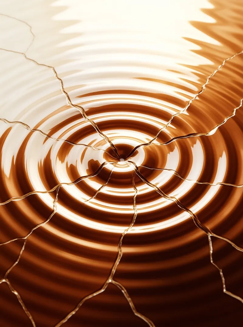 Concentric rings of brown liquid spread out from a central point where thin golden strands cross the surface.