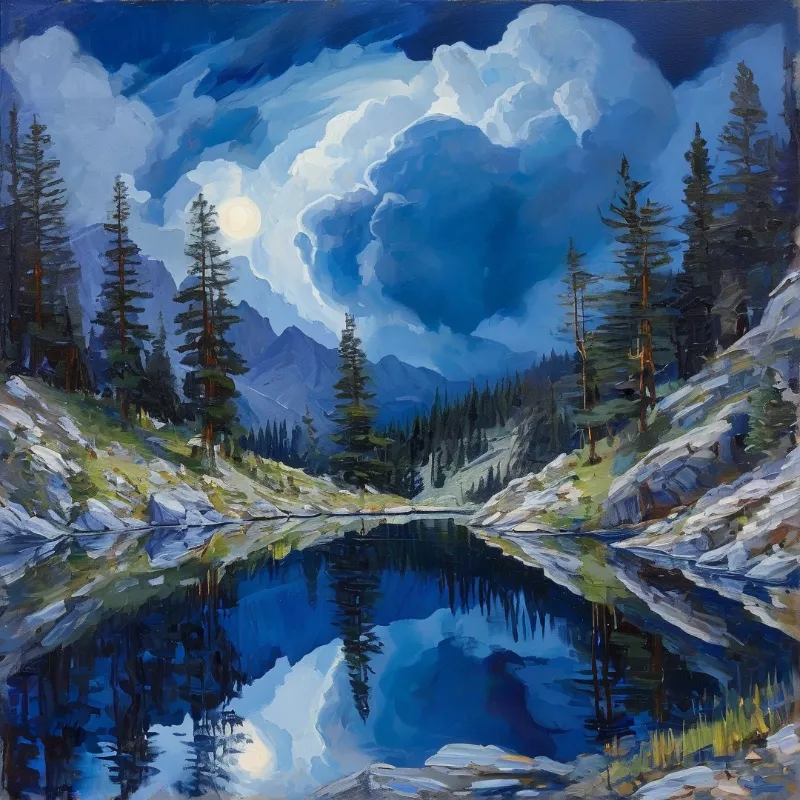 An oil painting of a calm alpine lake mirroring towering evergreen trees and dramatic moonlit clouds on a dark blue night sky.