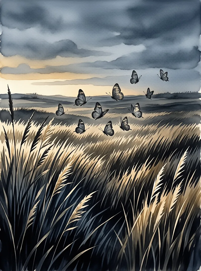 A watercolor shows pale butterflies gliding above wheat-colored grass beneath a heavy grey evening sky