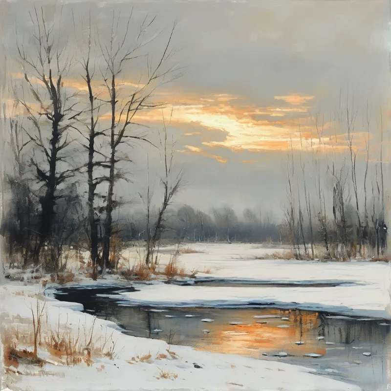 Charcoal trunks stand on a snowy bank while a low amber sky mirrors in the dark open water of a slow river.