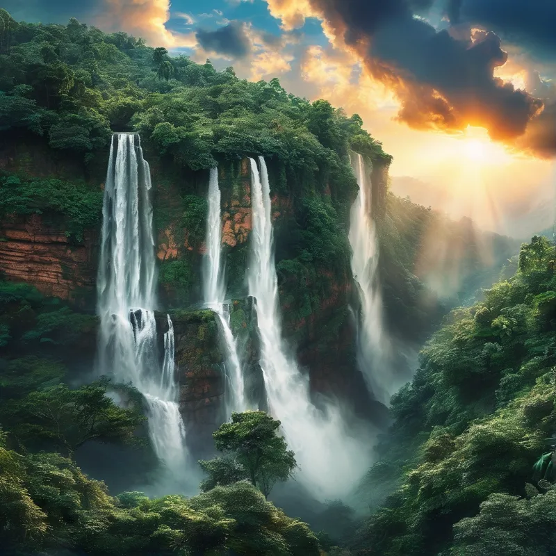 Sunlit Waterfall Cascade