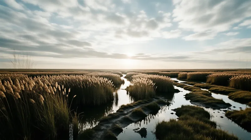 A braided river system winds through tall grasses and reeds during golden hour lighting with soft clouds above.