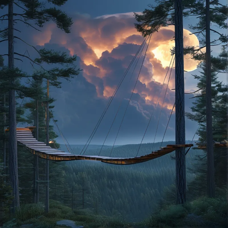 Wooden footbridge hangs between pine trees above a dark forest valley, the bright full moon shines through golden dusk clouds.