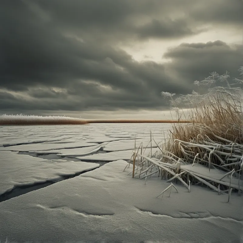 Tall frosted reeds cluster in the foreground as dark cracks split the frozen lake surface beneath heavy grey clouds.