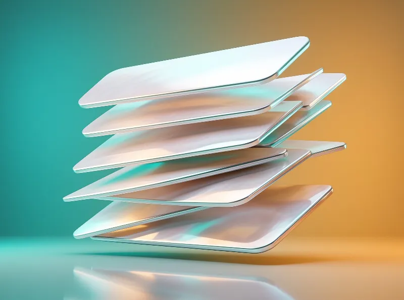Several translucent rectangular panels float at slight angles against a smooth teal to amber backdrop.