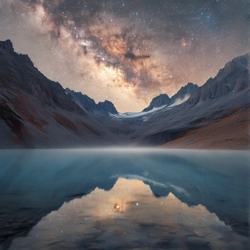 Rose-gold star clouds hang above jagged grey peaks whose pale reflection drifts across a glassy glacial pool.