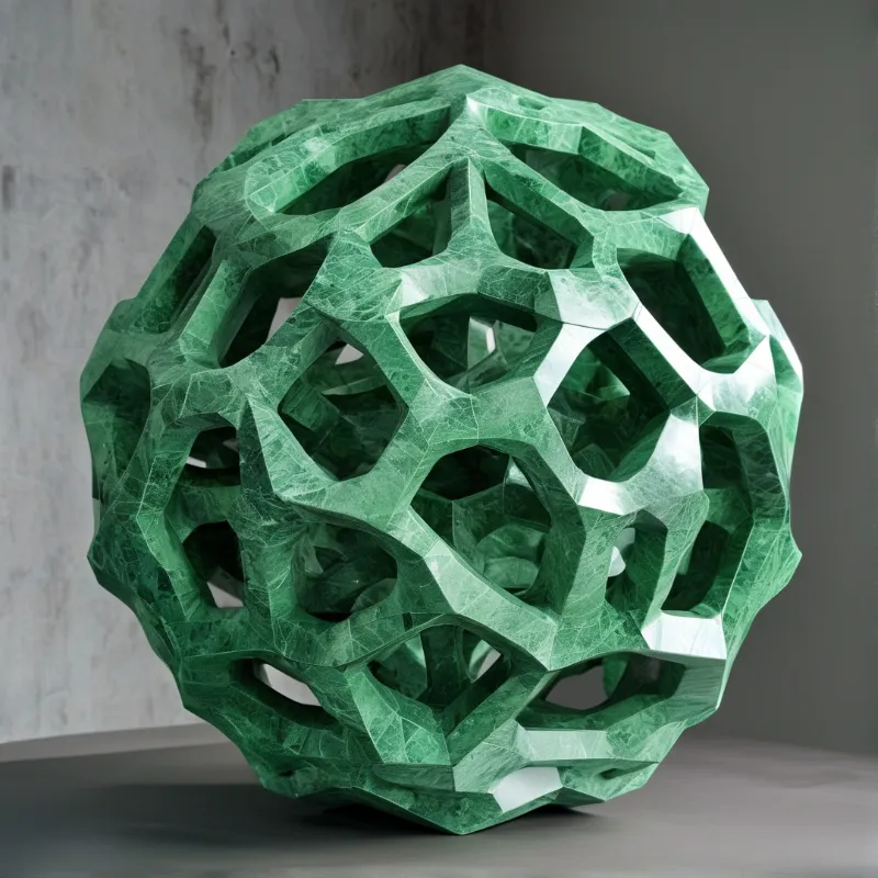 A faceted hollow sculpture shaped like a truncated icosahedron with a web of open cells, glowing in emerald green tones against a muted gray studio wall.