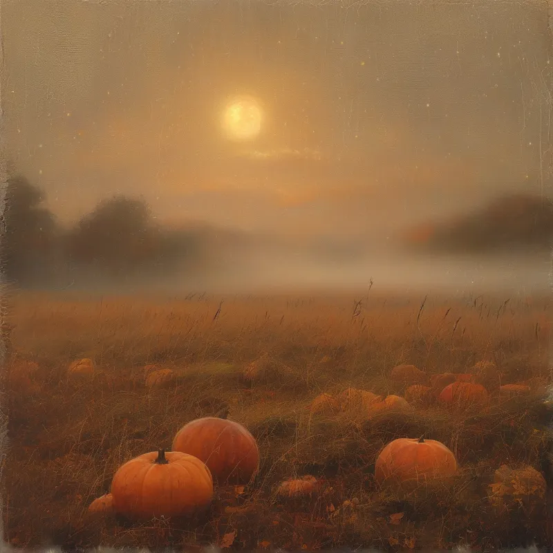 A field of ripe pumpkins sits amidst tall dry grass under a bright sun and thick mist.