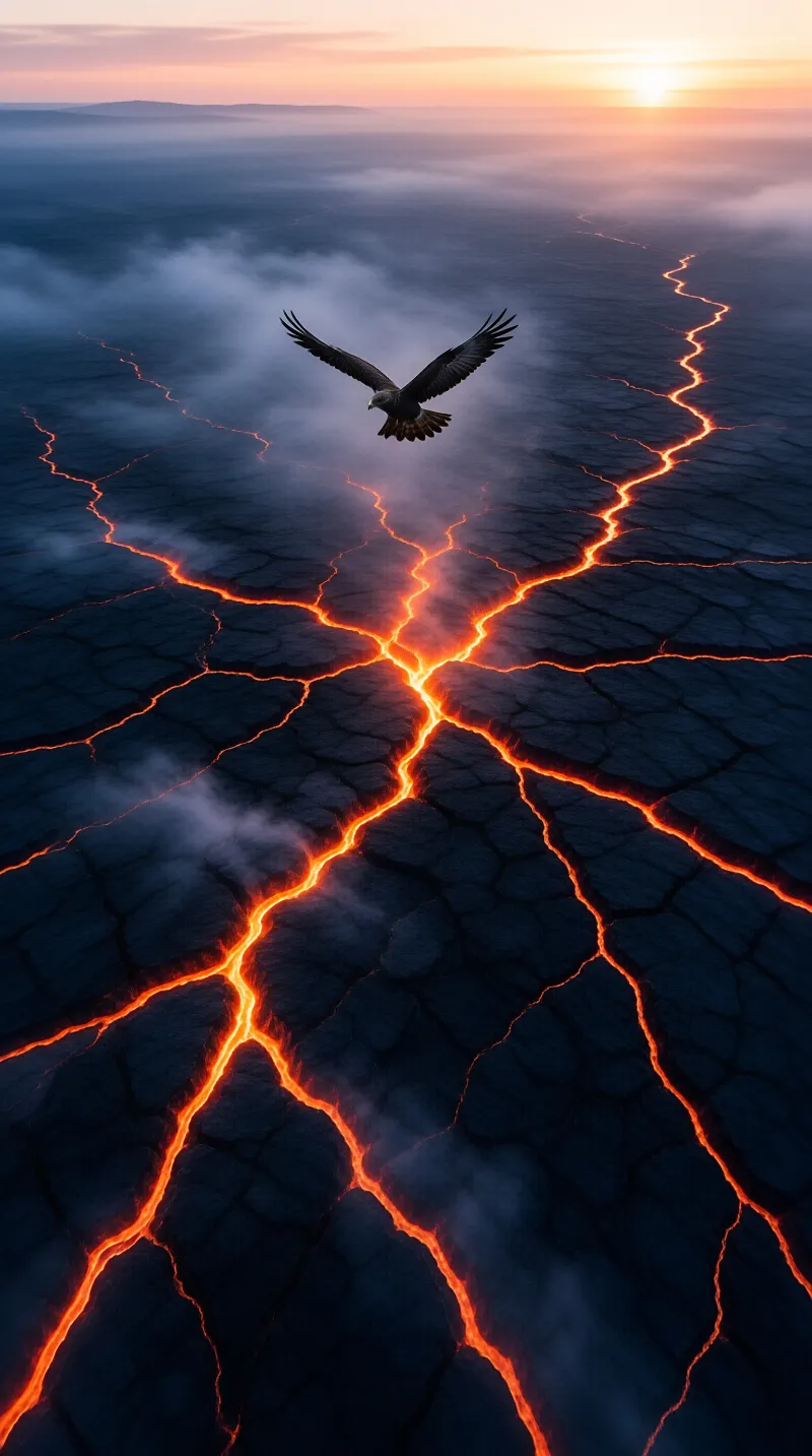 A bird of prey soars above dark cracked terrain featuring bright orange lava lines beneath a hazy horizon.