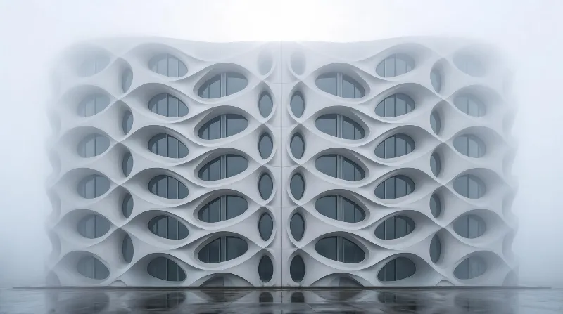 A modern building with a wavy facade of oval windows stands in dense fog, its white surface reflecting on the wet ground