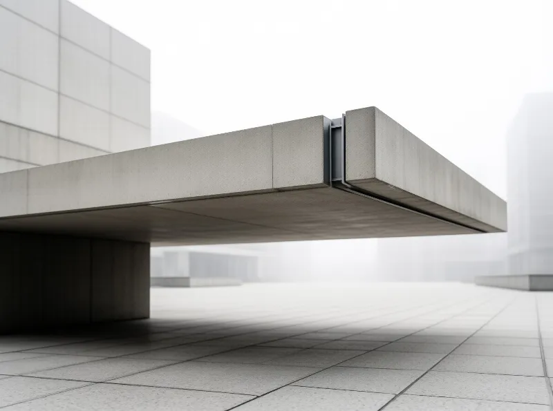 A thick grey concrete structure extends over a paved plaza shrouded in thick white fog revealing a metal joint.