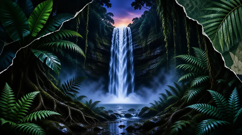 A luminous cascading waterfall flows into a misty pool framed by jagged torn jungle foliage with sunset light behind cliffs