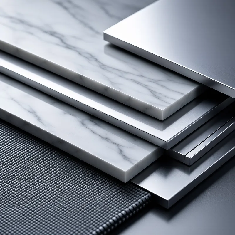 Layered samples of white veined stone, brushed metal panels, and dark textured mats arranged diagonally with soft shadows.