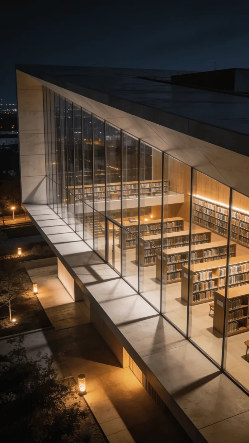 Library with Glass Curtain Wall — Night With Warm Lights