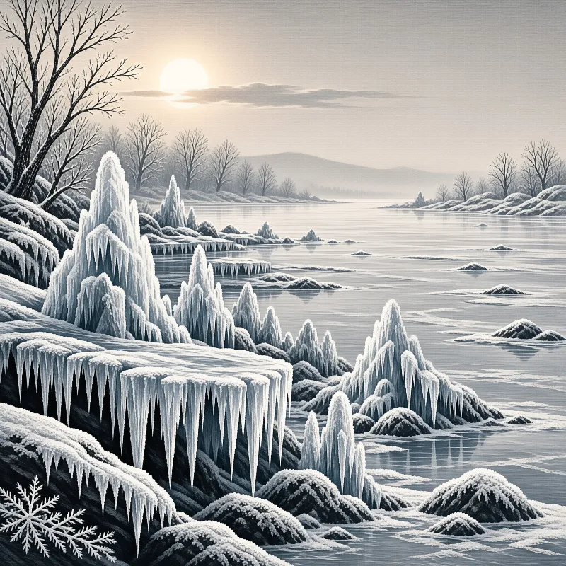Massive frozen cliffs and icy rocks rise from a calm winter lake beneath a pale sun and leafless trees.