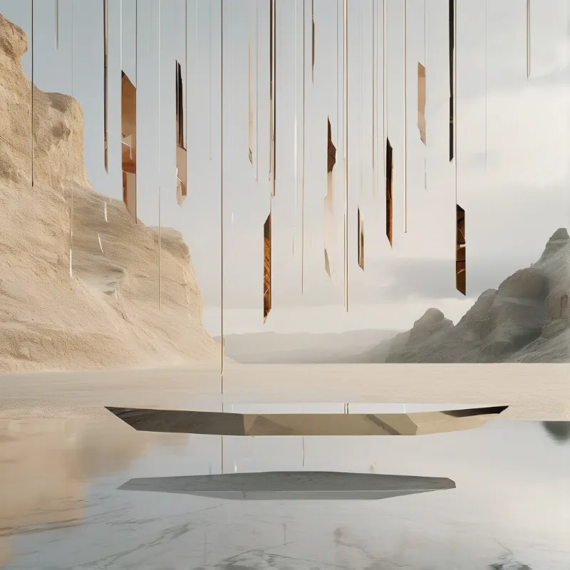 Thin metallic slats hang vertically above a calm desert lake reflecting sandy cliffs and distant mountains under soft light.