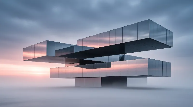 A large rectangular glass structure floats above dense fog while reflecting the soft colors of a twilight sky.