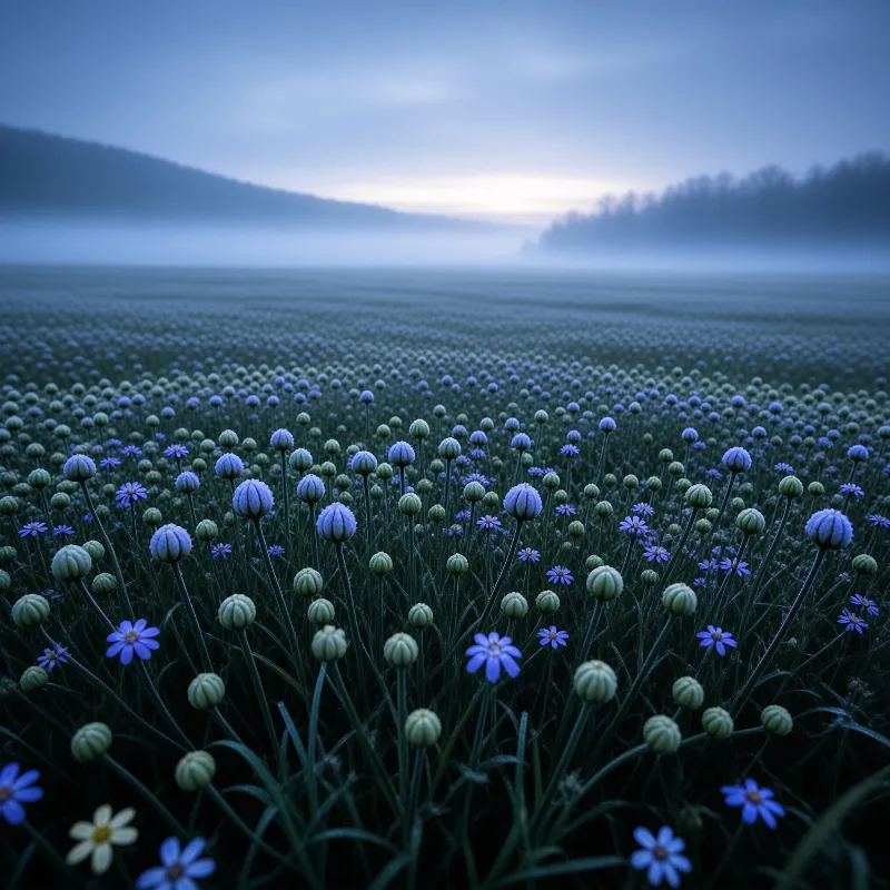 A wide shot of a field filled with spherical blue flower buds and scattered daisies under a foggy twilight sky.