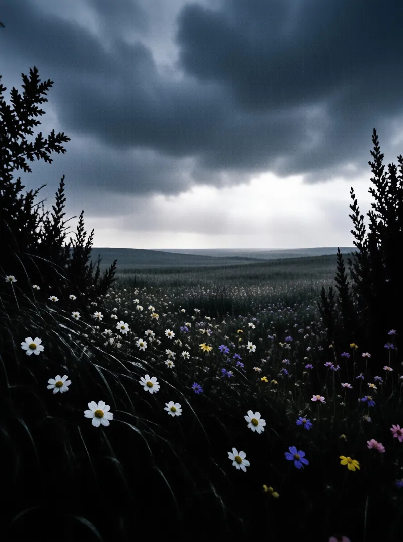 Colorful wildflowers grow in a grassy field beneath a heavy dark cloudy sky while distant hills fade into the mist.