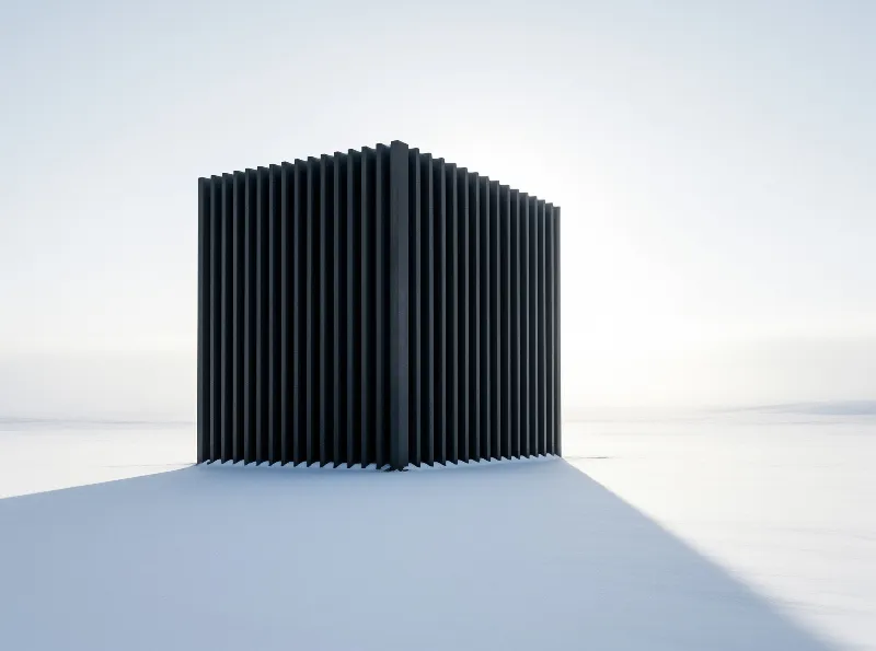 A dark cylindrical structure with vertical fins stands isolated on a vast white snowfield casting a long shadow.