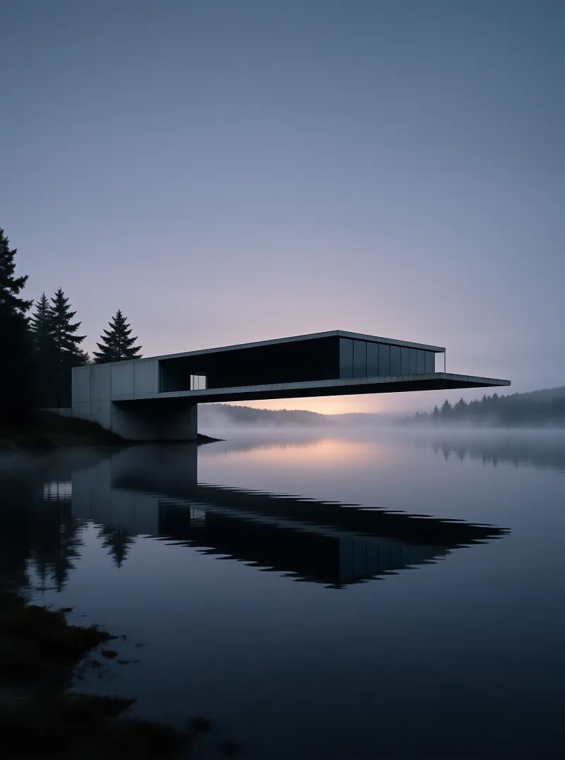 A long concrete building extends over a calm misty lake reflecting the soft glow of the horizon.
