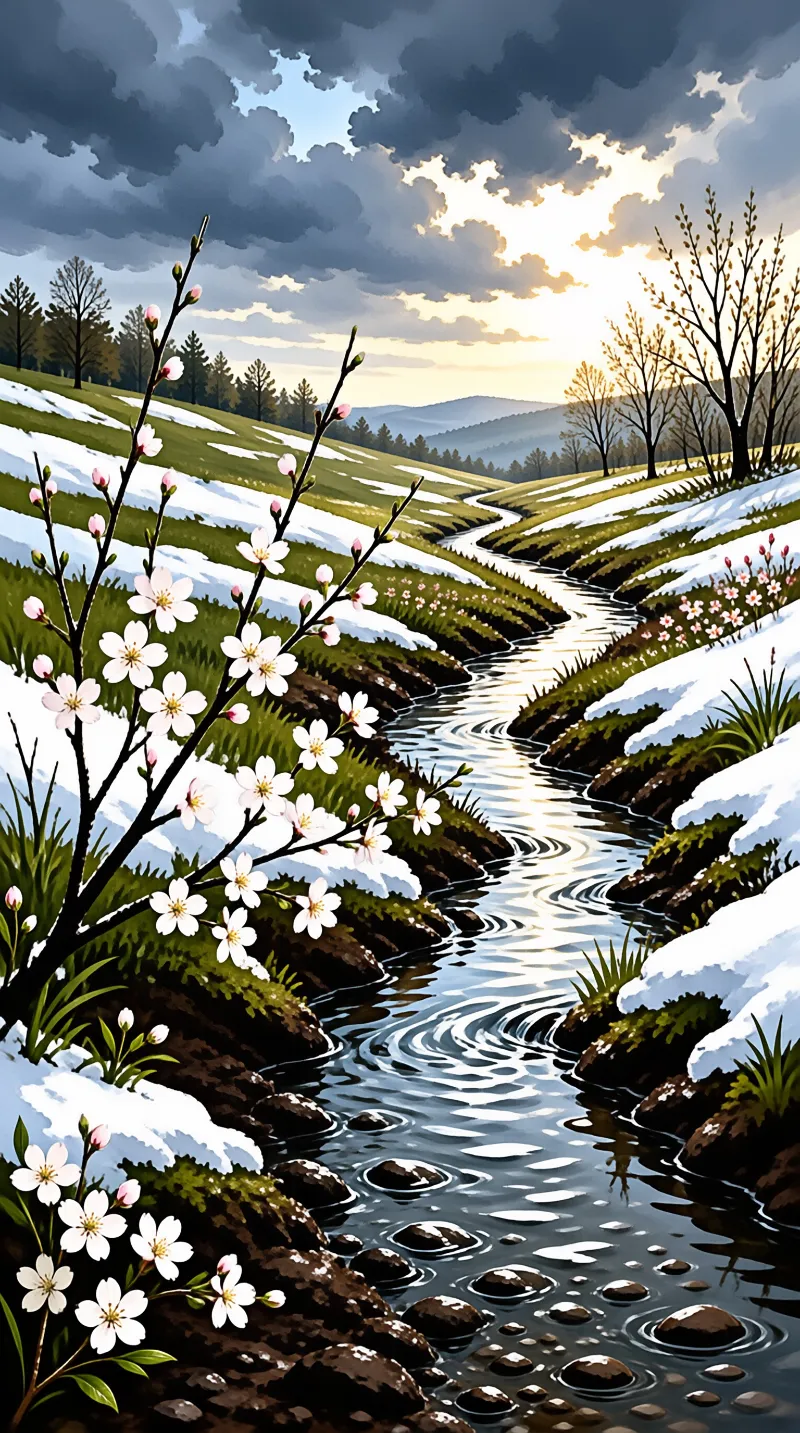 White cherry blossoms bloom beside a winding stream cutting through grassy hills with melting snow under a dramatic sky.