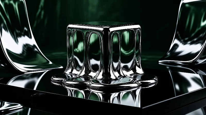 A highly reflective metallic cube sits on a glossy black surface, with deep green tones in the background and sharp chrome highlights.