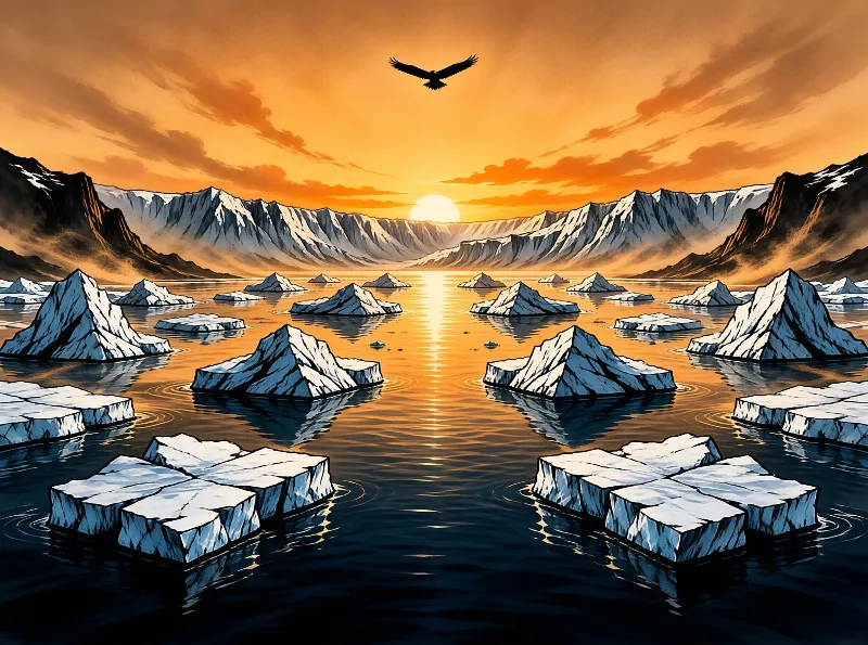 Angular ice floes drift across dark blue water while a bird flies over a bright orange sky and distant snow capped peaks.