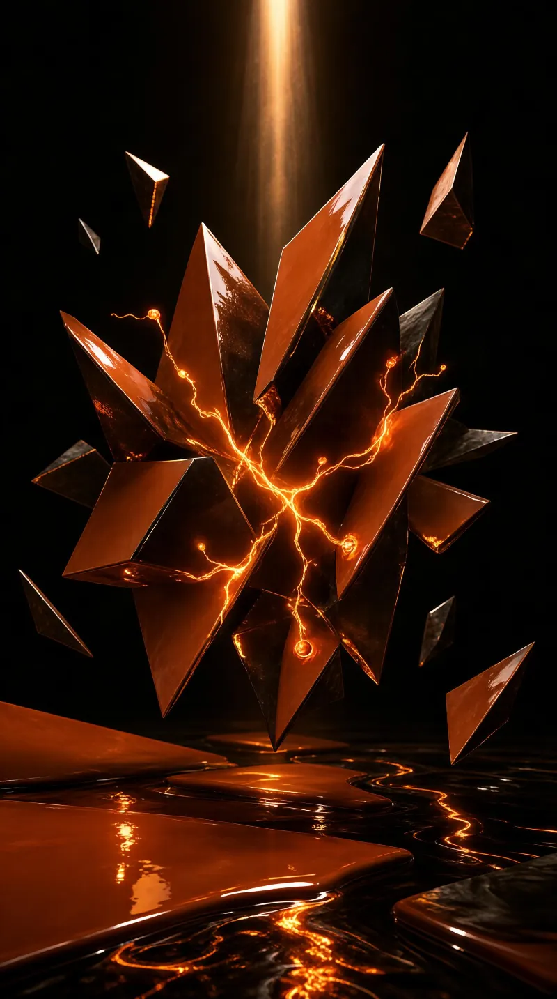 A cluster of shiny geometric shards floating in mid-air with glowing orange lines connecting them against a dark background and reflective liquid surface