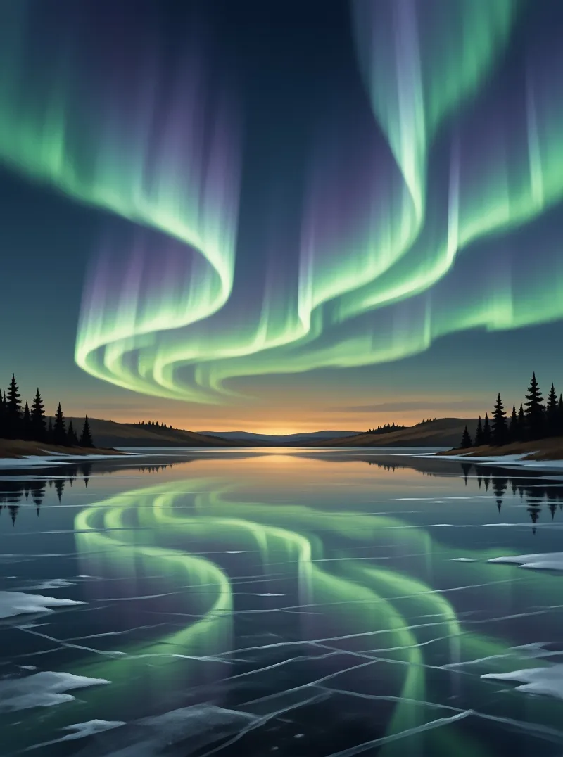 Vibrant green lights dance across the dark sky while reflecting on the cracked ice of a winter lake.