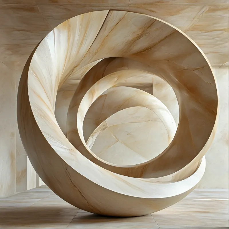 A polished beige marble ribbon spirals inward to form a circular hollow, lit by soft light in a minimalist stone room.