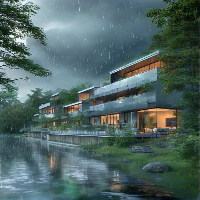 Warm interior light spills from terraced glass homes as rain falls onto the river and wet garden stones.